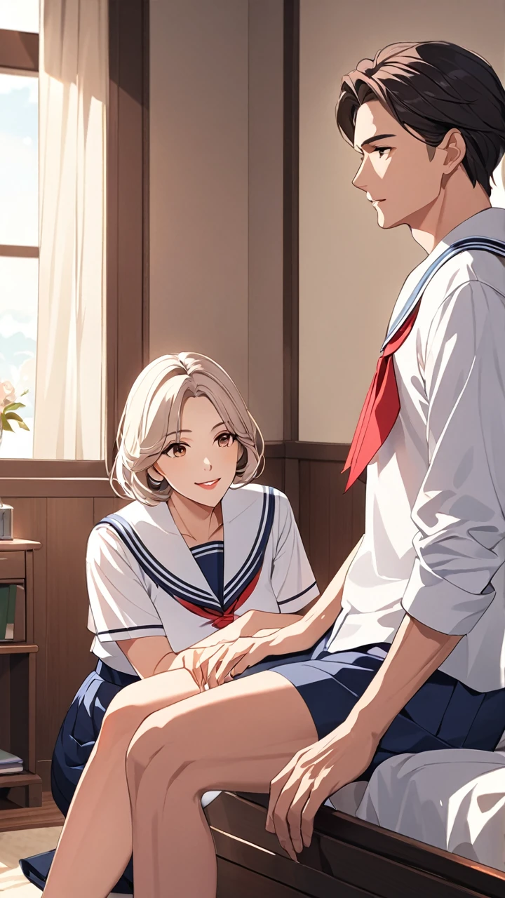 a man together with a mature woman are sitting in the bedroom,The adult woman is wearing a sailor uniform