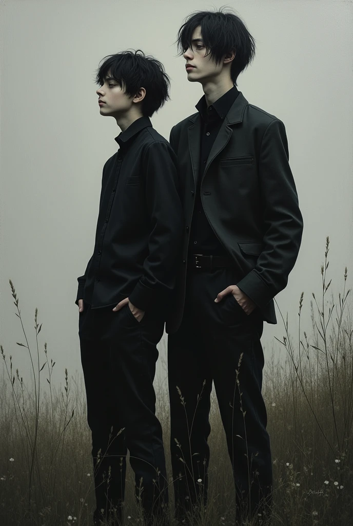 Tall teenager with medium-long black hair dressed in black and handsome in nature painted on canvas and his friend listening to music dressed in black with a grayish background with grass and the girl standing on it