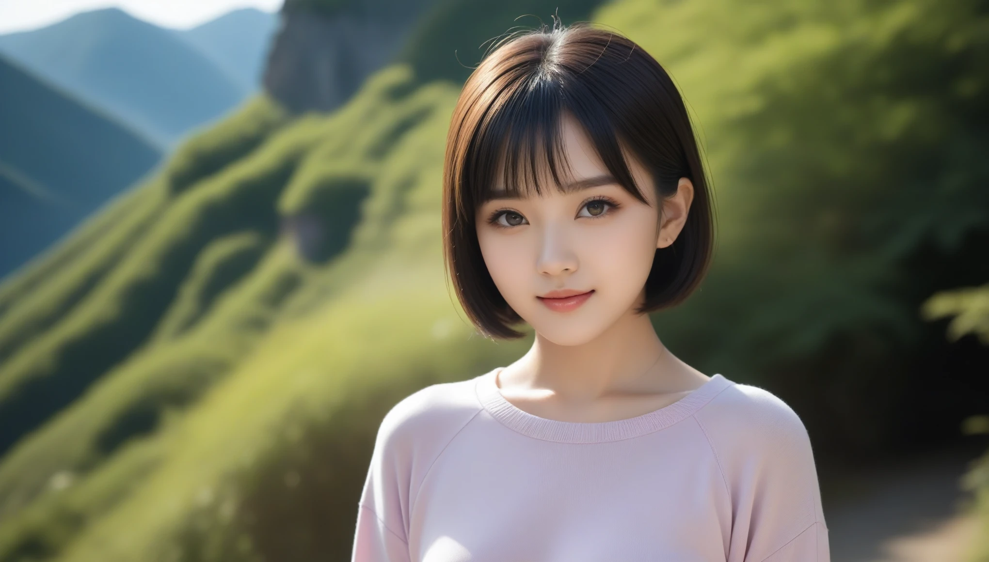 8k, Ultra-high resolution, Highest quality, masterpiece, 三分割法によるphotograph,Surreal, photograph, 1 Girl, (:1.3), pretty girl, Cute Face, 細部までBeautiful Eyes, 細かくdetailedに,masterpiece,One Girl:1.2,Japanese women,Young Wife,upper body,smile,Black hair,Bowl cut,(Summer knitwear:1.3),wood々Inside,Mountain trail,Summer sunshine,wood漏れ日,(Beautiful attention to detail),Subtle details, detailedな顔, smile,Attractive girl,(のポートレートphotograph:1.4),(Photorealistic images:1.4),Fantasy art,(Beautiful Face:1.4),Beautiful and attractive eyes、Beautiful Eyes、(Tight waist:1.4)、(Beautiful with perfect body proportions:1.4),Pink Lips,Looking at the audience,(((Ideal body type))),A-cup small breasts :2,、Portraiture:2、Perfect Anatomy、鮮明なdetailed、detailed,Fashion magazine cover,Thin lips,完璧でBeautiful Face ,完璧でCute Face, Skin with attention to detail, Perfect limbs、Narrow waist,Surreal,Light and shadow,dappled sunlight