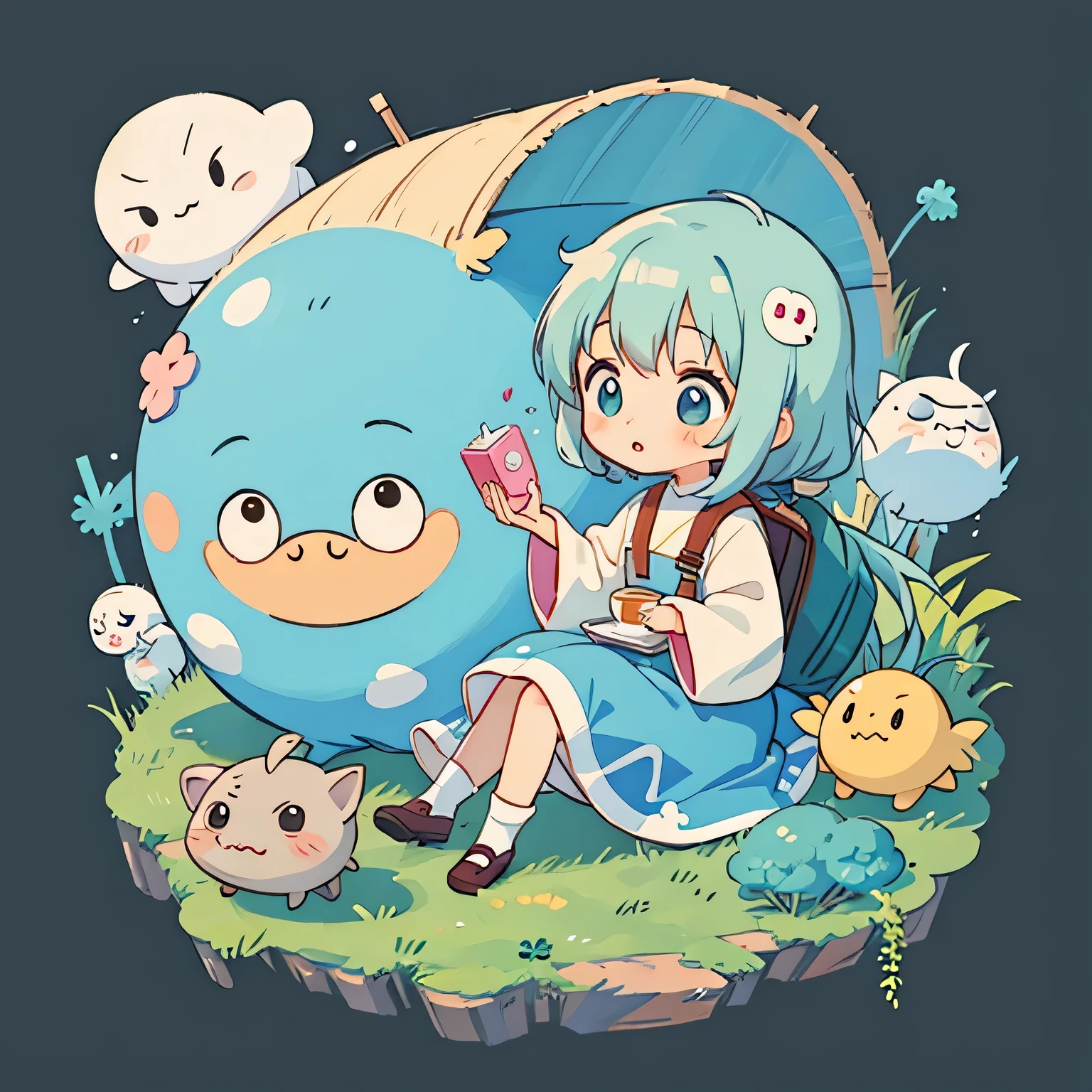 Hayao Miyazaki style, Kawaii Design, most beautiful girl ever、chibi, Lots of cute aliens, No background