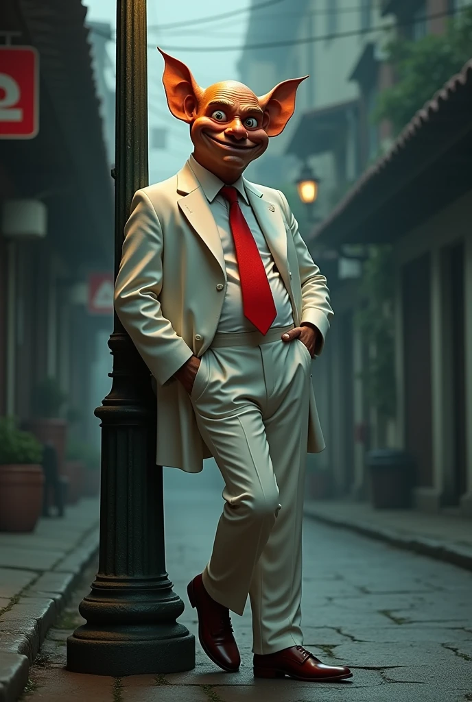 Zé Pilintra in a white suit and red tie, leaning against a lamppost.