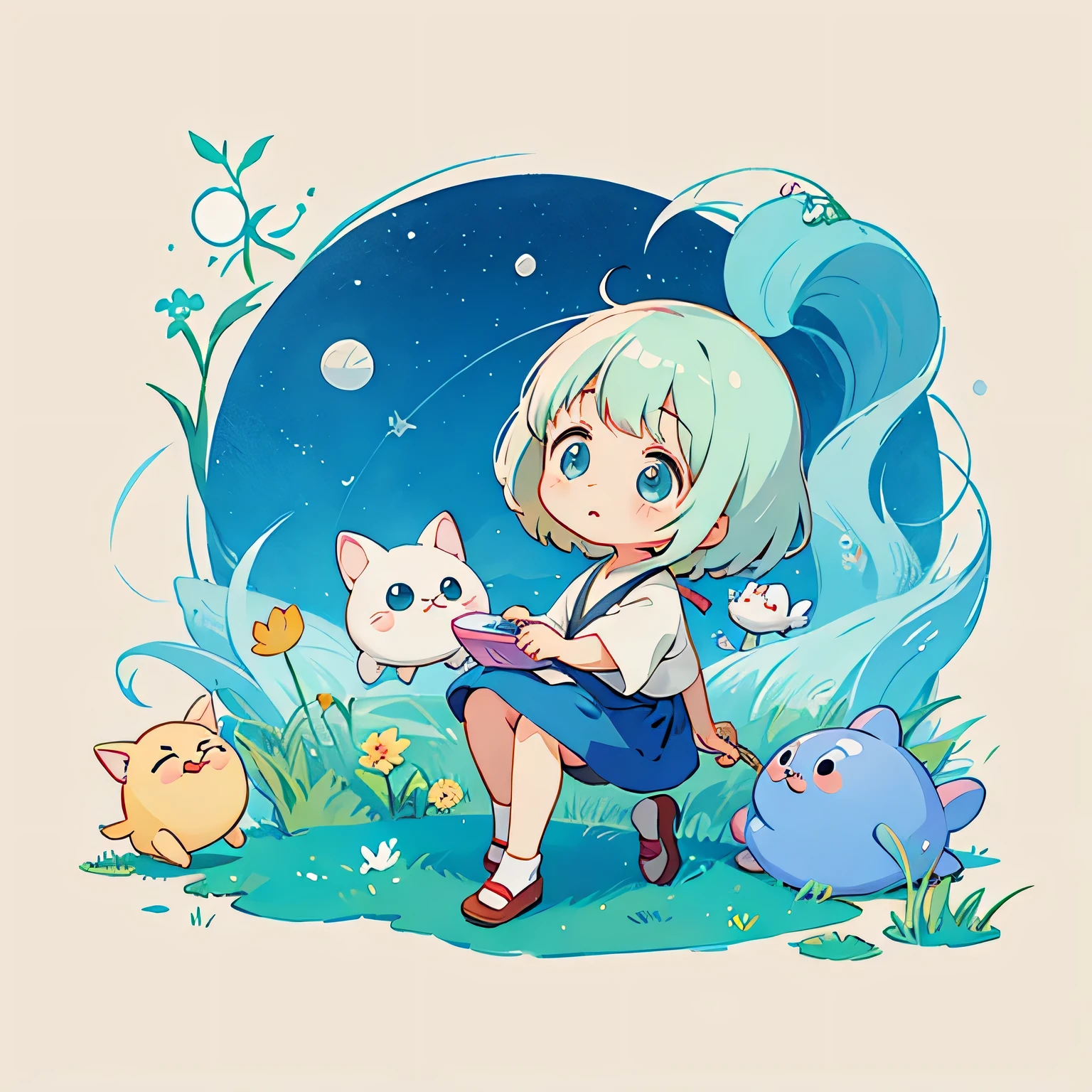 Hayao Miyazaki style, Kawaii Design, most beautiful girl ever、chibi, Lots of cute aliens, No background