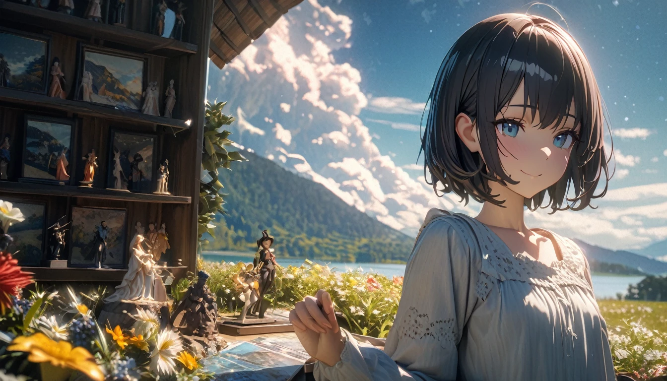 One person, alone, She has a sweet smile and a flat chest., short hair, Black Hair, Upper Body, ((masterpiece, figure, Highest quality)) ((Highest quality)), ((masterpiece)), background: summer, Pasture, Some small flowers, Clear lake, heaven, Big Clouds, blue sky, Hot Weather, HD detailed, Super detailed, Cinematic, Surrealism, Soft Light, Deep focus bokeh, The distant view is of snowy mountains, Ray Tracing, and Surrealism. --v6