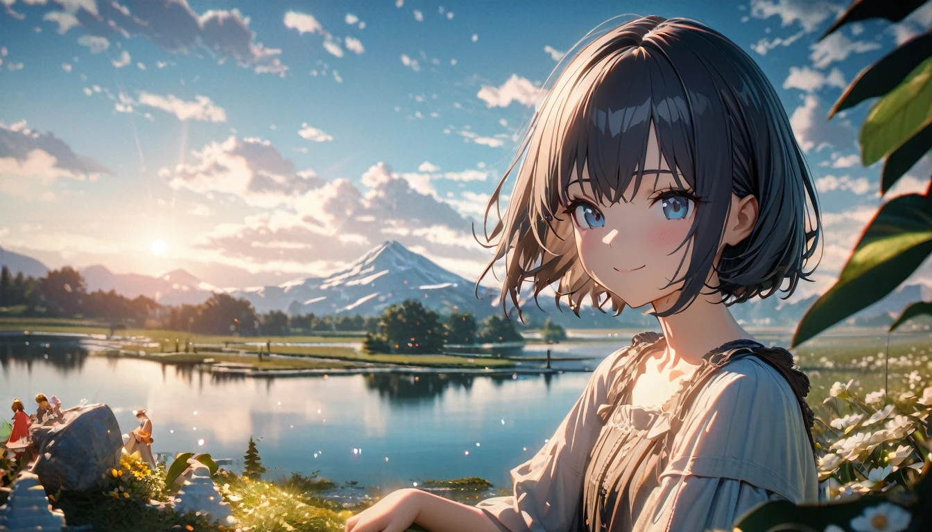 One person, alone, She has a sweet smile and a flat chest., short hair, Black Hair, Upper Body, ((masterpiece, figure, Highest quality)) ((Highest quality)), ((masterpiece)), background: summer, Pasture, Some small flowers, Clear lake, heaven, Big Clouds, blue sky, Hot Weather, HD detailed, Super detailed, Cinematic, Surrealism, Soft Light, Deep focus bokeh, The distant view is of snowy mountains, Ray Tracing, and Surrealism. --v6
