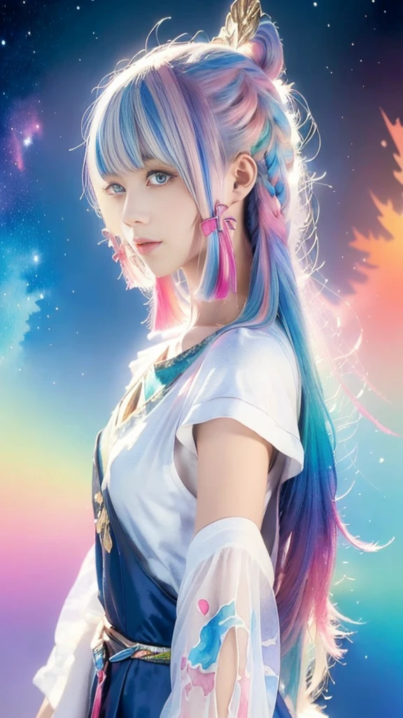 (masterpiece, Top quality, best quality,watercolor (Moderate),Official Art, beautiful and aesthetic:1.2),(1 Girl:1.3), (Fractal Art:1.3),Upper Body, from the side, Looking at the audience,model,(Rainbow Hair,rich and colorful hair,Half blue half pink hair:1.2),water,liquid, cloud,rich and colorful, Starry Sky,Star,