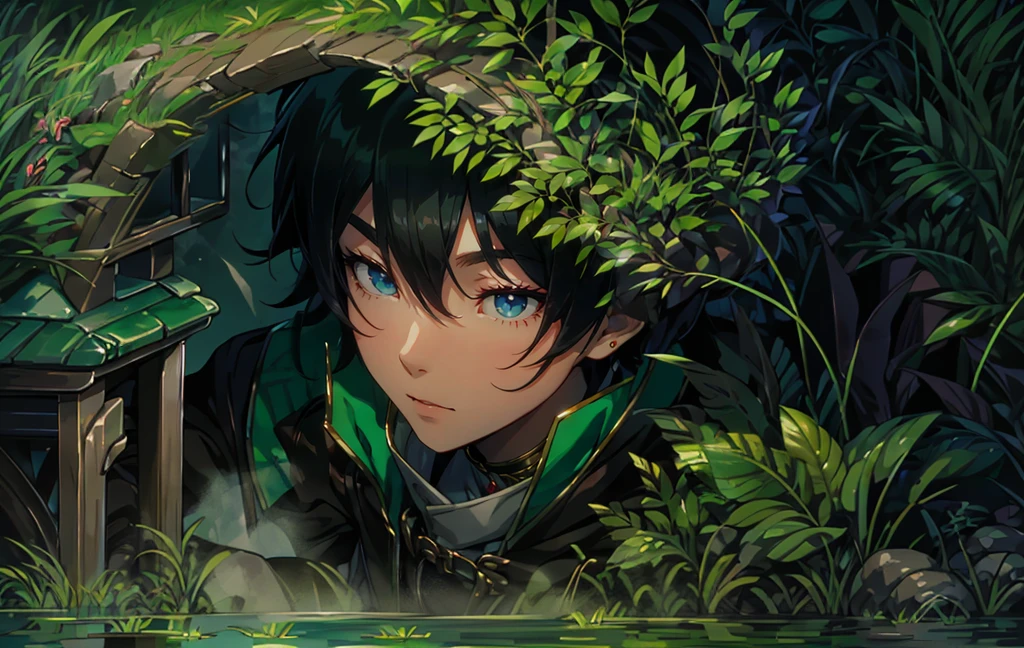 yuichiro hyakuya, (WithoutFear:1), 1 boy, black hair, green eyes, brown coat, gray armor, green shield, green cloak, dark brown gloves, town, white fur trim, tall, anime, standing, good quality, portrait, looking at viewer