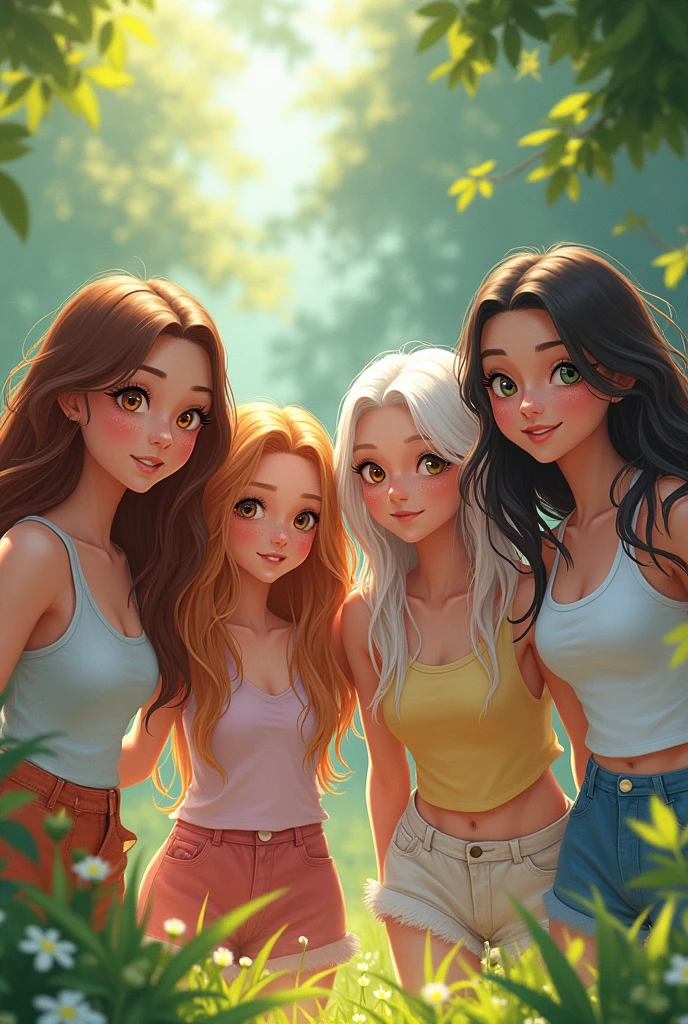 Make me an image where there are 4 girls, 2 brunettes but one with longer hair and 2 white but one with longer hair.