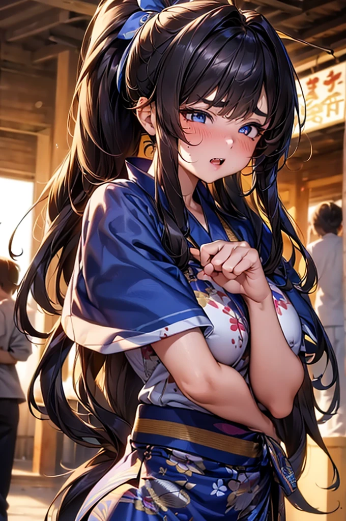 Browsing Caution,(Highest quality, 8k, masterpiece:1.3,beautiful girl), (Very detailed)Glowing Skin,(((Long Hair,ponytail,Blue Ribbon,Beautiful Hair))),(Perfect Anatomy, Anatomically correct, Very detailed肌),((Golden Eyes,Drooping eyebrows,I narrowed my eyes a little..........)),((Perfect Fingers,Five Fingers)), Baby Face, Mole under the eye,Double teeth,Big Breasts,Big Ass,high school girl,Embarrassed face,Summer festival,yukata