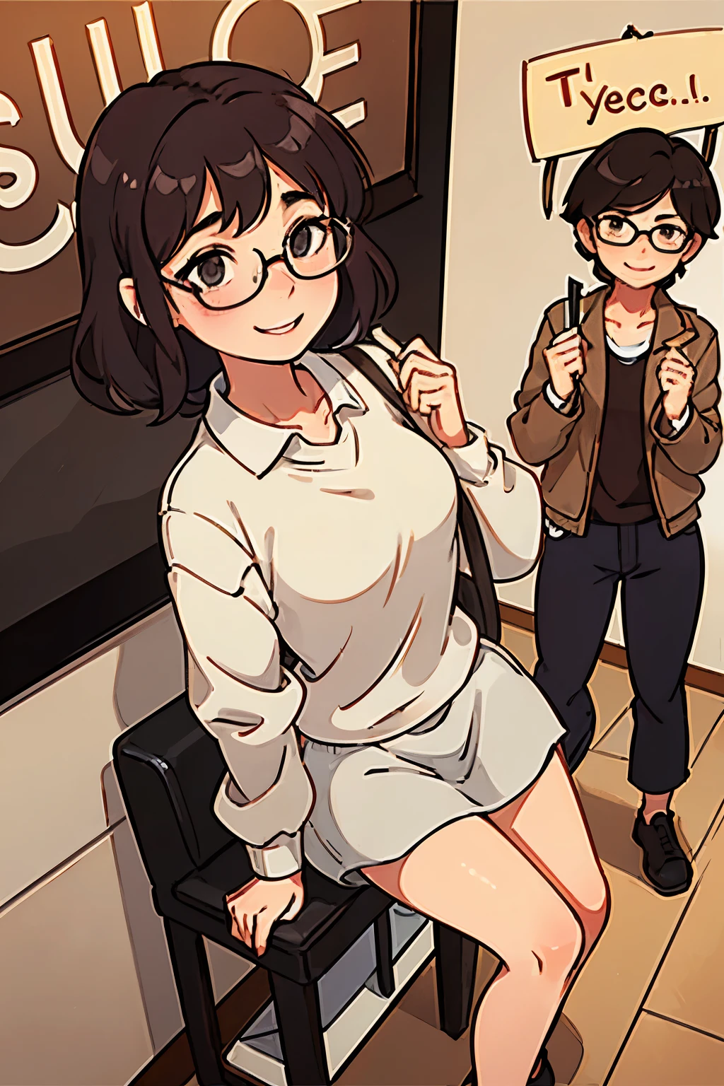 a girl with short wavy hair, wearing glasses and giving a shy smile, wearing a beige sweeter with the legs showing introducing herself to someone holding a sign with "larynogeek" Written