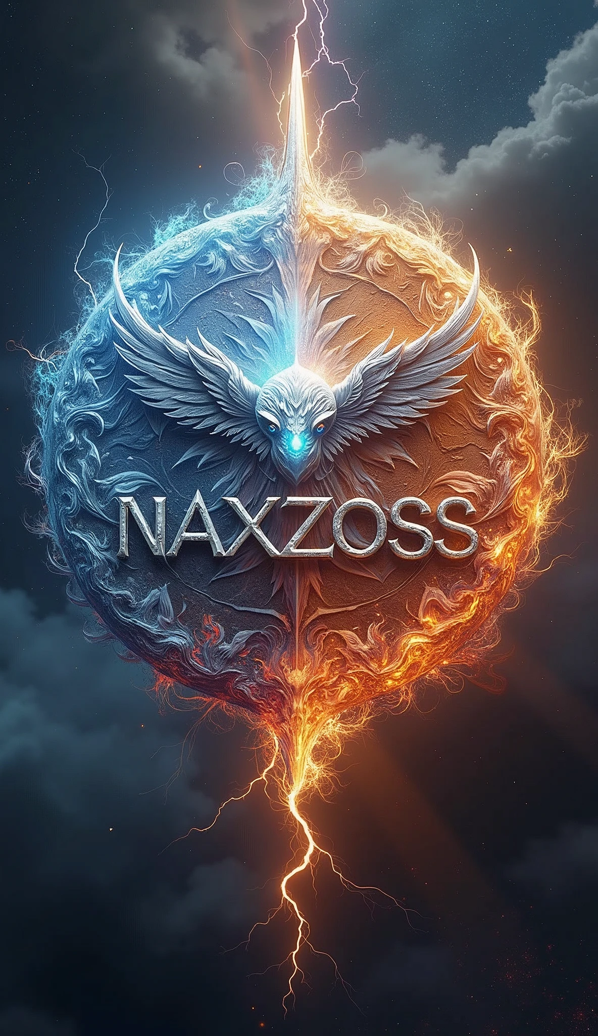 mythological logo word "NAXZOSS", blast, thunder, universe, feather, fairies, burning plants,blood born, realistic, 8k ultra HD, blood, silver, golden, white, crystal clear, 3D, mythology, Sci-Fi, creatures, Storm, Fire, Winter, Summer, globe, red-white partition, word title "NAXZOSS"
