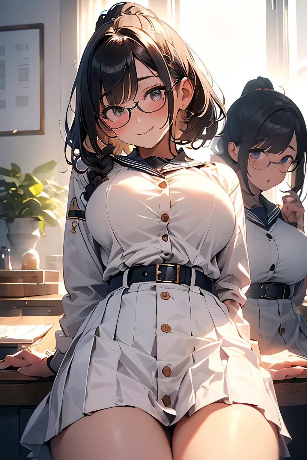 Highest quality、High resolution、Detailed Background、(Beautiful face in every detail:1.4)、Anatomically correct、(Normal number of fingers:1.2)、Highly detailed face、(Detailed eyes:1.2)、age beauty、(Huge breasts:1.2)、Perfect body line、Braided bob cut、ponytail、Wavy Hairstyle、well-groomed eyebrows、Glasses、Sailor suit、JK Uniform、Pleated skirt、White Stockings、A big smile、blush、
(The button on her uniform is broken and her breasts are spilling out:1.5)、(View from below of a girl sitting at a desk:1.5)、(Underboob:1.2)、Panty shot、cute
