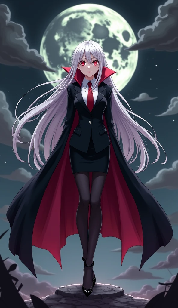 The woman vampire red eyes, long white hair,
She wear the long black coat inside the black coat has carmine color, black suit, white shirt, red necktie, long black pencil skirt, black tights, black high heels.
black grey sky, fantastic night sky, moon, cartoon anime, 4K, HD