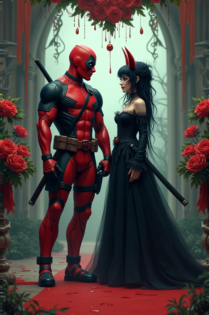 Deadpool and Kuromi getting married at a wedding