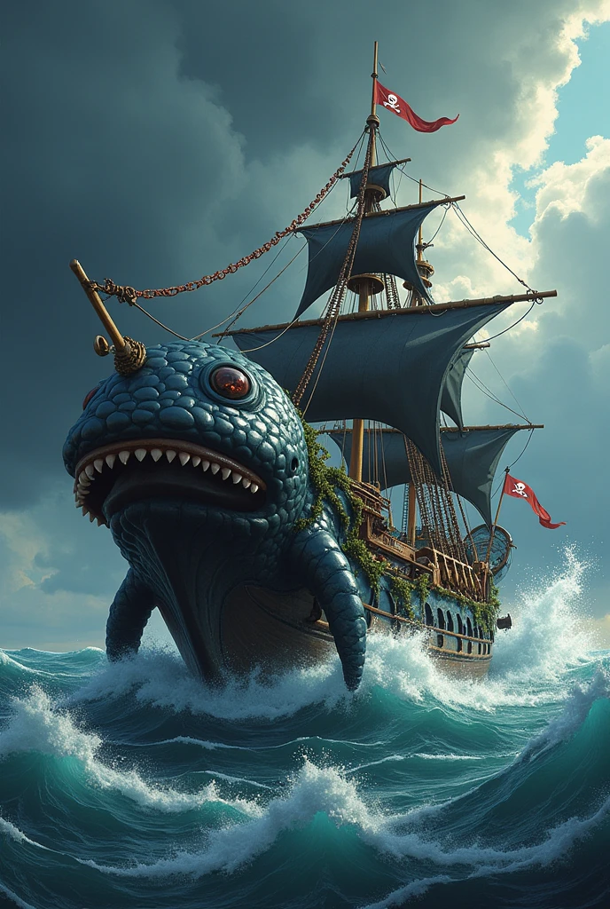 A pirate ship shaped like a black axolotl like the ones from One Piece