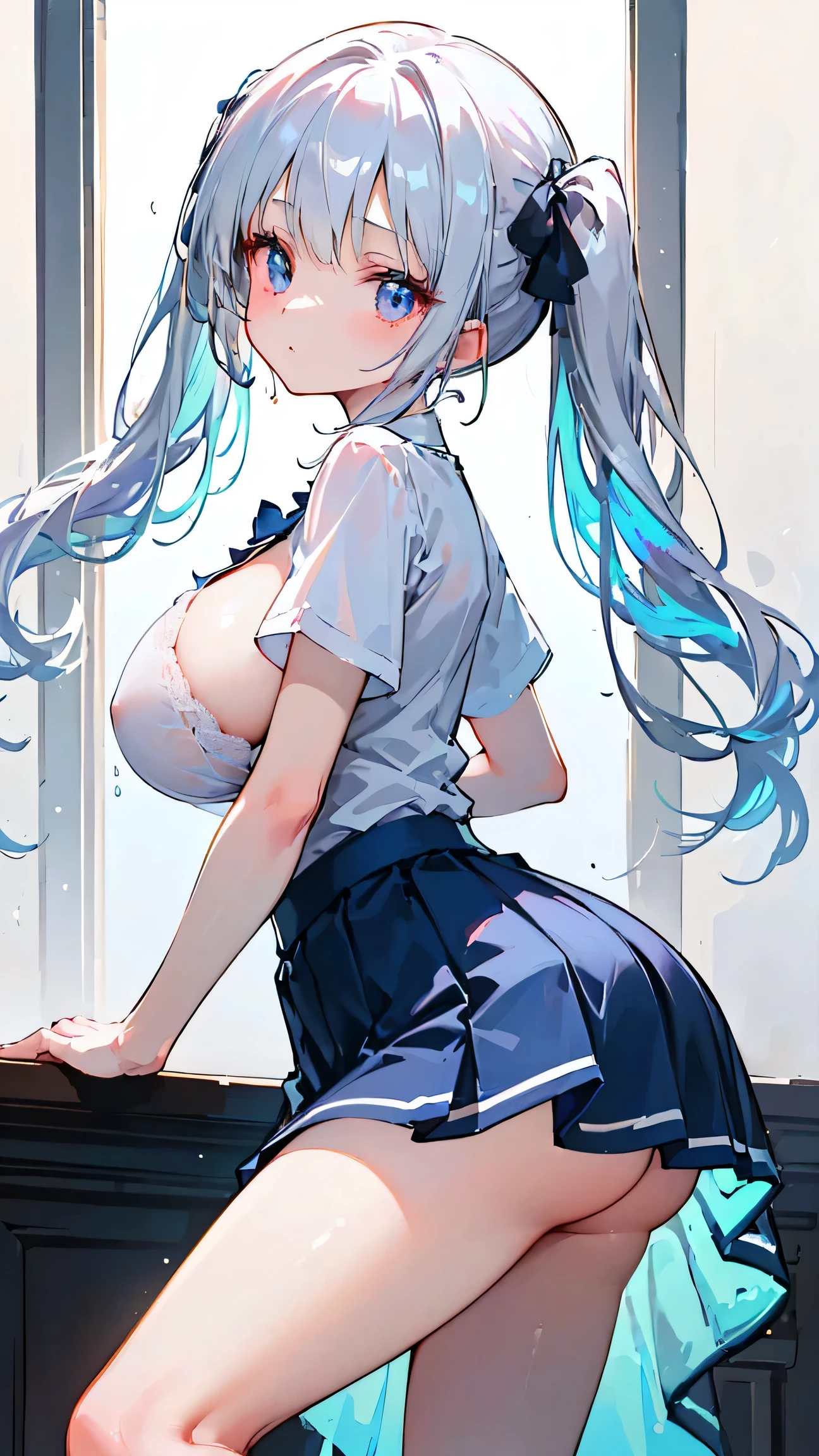 Ultra-high resolution, 8k,high quality,(((low length,、Young Girl、dress、Twin tails、Ultra Mini Skirt))),(Retrospective angle,Cunning Hand),(、glowing、iridescent light,soft shadow,Anime Painting,thin line drawing),One  Woman,(((Big Tits、Round Breasts))),