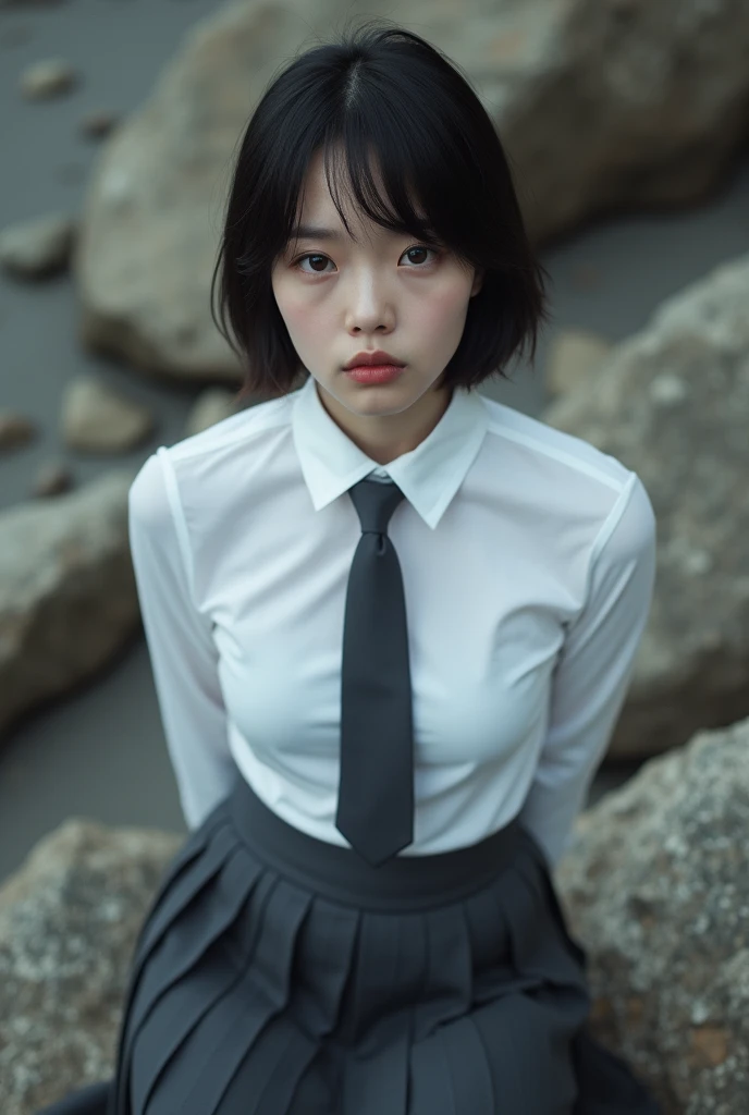Close-up portrait photo from above of a slim pretty 18-year-old Caucasian woman. She has short dark hair styled in a straight bob. She has small breasts. She is wearing a tight white shirt. She is wearing a dark-grey tie. She is wearing a dark-grey pleated skirt. She is alone, kneeling on a secluded rocky beach. She is looking up to the camera. Both hands are behind her back. Her mouth is slightly open.