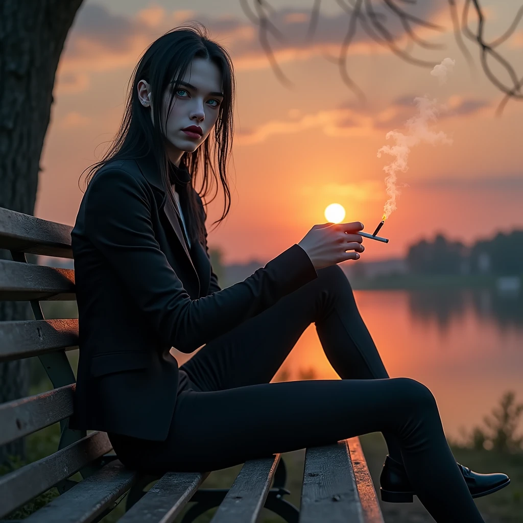A sexy young male with teal blue eyes and long straight black hair, with pretty and delicate facial features, he is wearing gothic black clothes. His skin is pale and white. He has thick, long, and shiny legs. Sitting on a bench and watching the sunset. (Male) (Make it realistic) ((no facial hair)) ((no body hair))) ((masterpiece)) ((detailed) (((NO facial hair or body hair)) ((sexy)) (((show his full body)) (((he looks attractive)) (smirking) (he has gothic makeup on his face) ((show his whole body)) (MALE)) (boy (((((No facial or body hair))))) He's smoking a cigarette. 