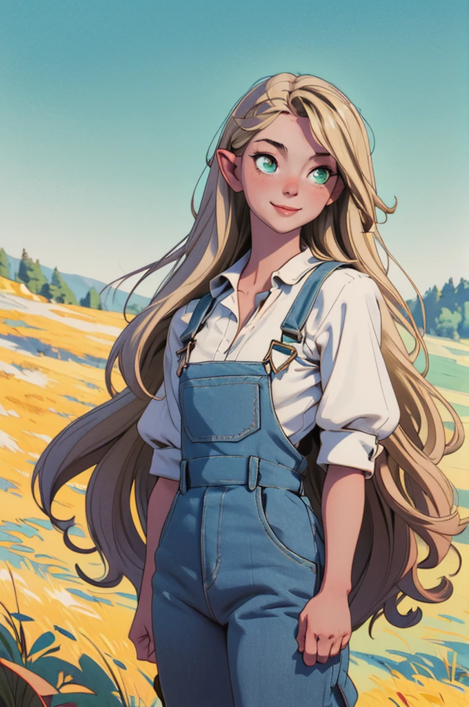 (masterpiece, best quality), female young adult, buoyant, maori, green eyes, curled ears,  double chin,  round cheeks,   shapely hamstrings,   , sandy blonde long and straight hair, disgust wearing bermuda overalls, babydoll, oxford shoes, , arm overhead pose, raising one arm overhead with a flirtatious smile, exuding elegance and allure, silhouettes, characters outlined against a bright background, evoking intimacy without explicit details, a picturesque countryside, with rolling hills, green meadows, and grazing animals