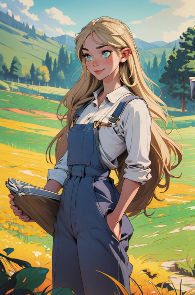 (masterpiece, best quality), female young adult, buoyant, maori, green eyes, curled ears, double chin, round cheeks, shapely hamstrings, , sandy blonde long and straight hair, disgust wearing bermuda overalls, babydoll, oxford shoes, , arm overhead pose, raising one arm overhead with a flirtatious smile, exuding elegance and allure, silhouettes, characters outlined against a bright background, evoking intimacy without explicit details, a picturesque countryside, with rolling hills, green meadows, and grazing animals