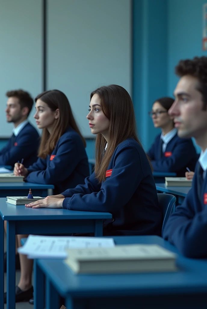 Realistic style, Physics students wearing navy blue uniforms at blue student desks with math books. 