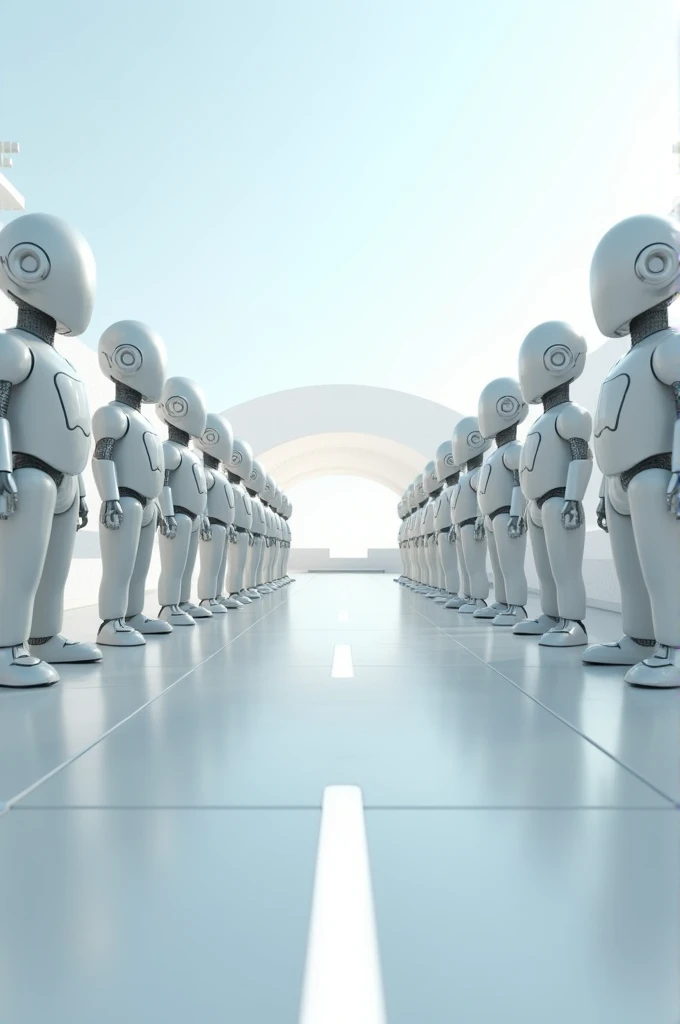 10 white robots on a track in two rows