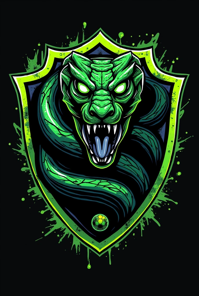 Brazilian football crest, with a frightening snake, green and black colors, with a crest, the nutrition symbol, without a soccer ball, Most frightening snake, not so realistic, another option similar to this