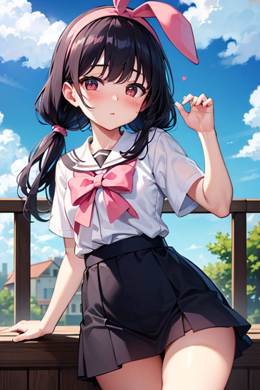 Kizi, blue sky and white clouds, glad, glad, red cheeks, Bblack hair, wearing a pink headband, perfect quality, Focus Clear (disorder - house: 0.8), (work of art: 1.2) blush, looking ahead at viewer 