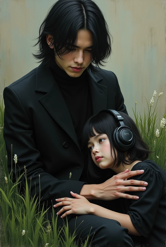 A tall adolescent with medium-length black hair, dressed in black, handsome by nature, painted on canvas, and a girl lying on the grass with headphones listening to music.




