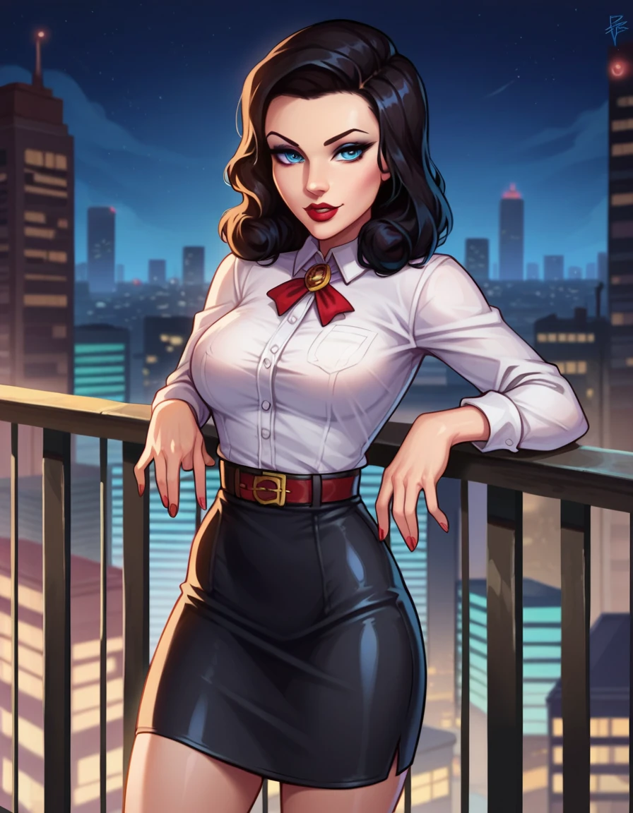 score_9, score_8_up, score_7_up,1girl,2d,blue eyes,solo,elizabeth comstock,burial at sea,white shirt,red belt,black skirt,standing,on balcony,leaning on railing,looking at viewer,eyeliner,(seductive),(night),looking at viewer,half-closed eyes,lipstick,shiny skin,black hair,(fair skin:0.6),straight hair,seductive,plump, (city background), 