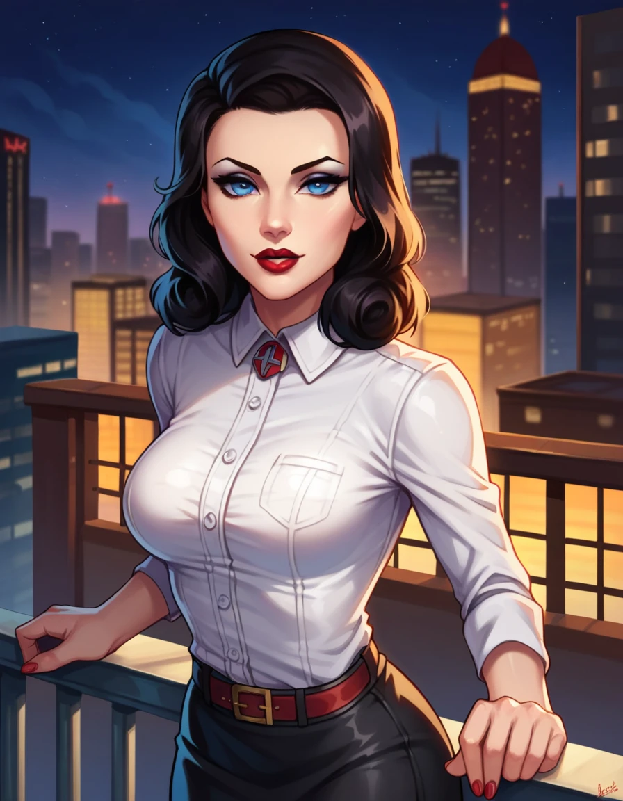 score_9, score_8_up, score_7_up,1girl,2d,blue eyes,solo,elizabeth comstock,burial at sea,white shirt,red belt,black skirt,standing,on balcony,leaning on railing,looking at viewer,eyeliner,(seductive),(night),looking at viewer,half-closed eyes,lipstick,shiny skin,black hair,(fair skin:0.6),straight hair,seductive,plump, (city background), 