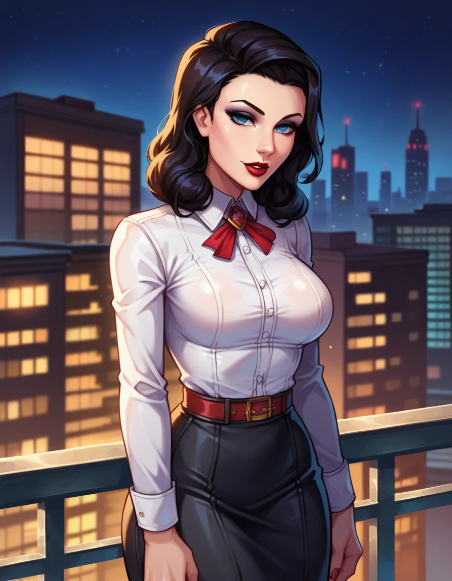 score_9, score_8_up, score_7_up,1girl,2d,blue eyes,solo,elizabeth comstock,burial at sea,white shirt,red belt,black skirt,standing,on balcony,leaning on railing,looking at viewer,eyeliner,(seductive),(night),looking at viewer,half-closed eyes,lipstick,shiny skin,black hair,(fair skin:0.6),straight hair,seductive,plump, (city background), 