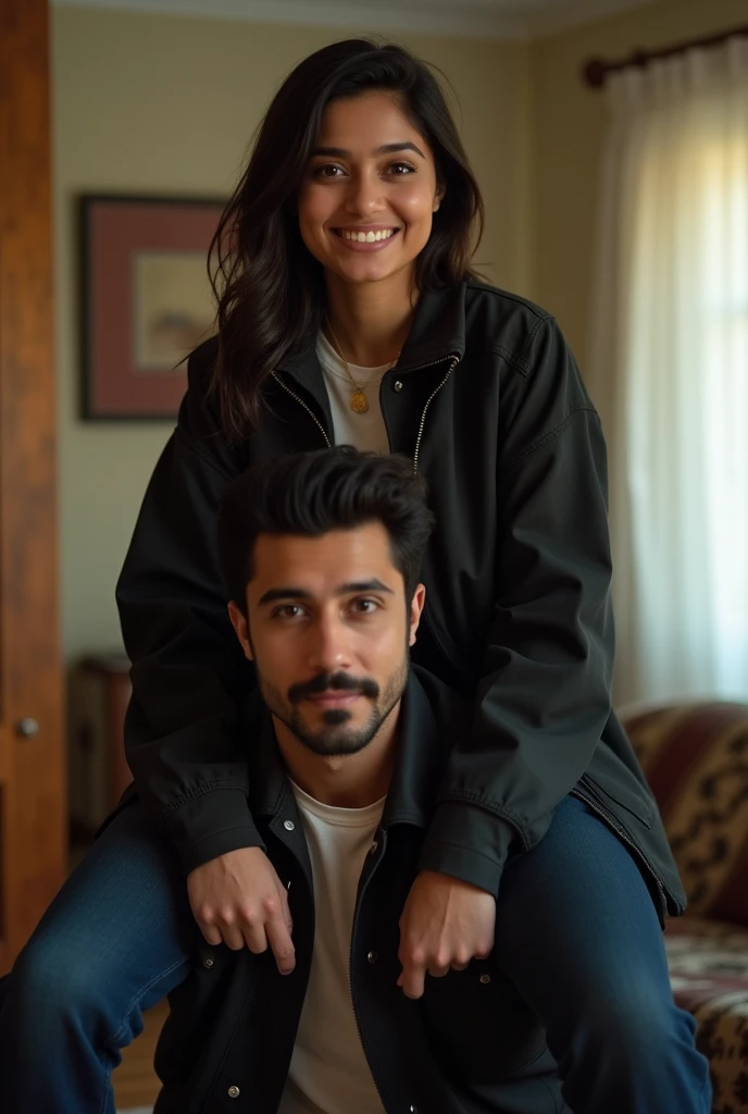 Create a realistic photograph of a smiling and beautiful indian actress in black jacket carrying a large man on her shoulders in a room, man is sitting on top of her shoulders , man on top, woman at bottom 
