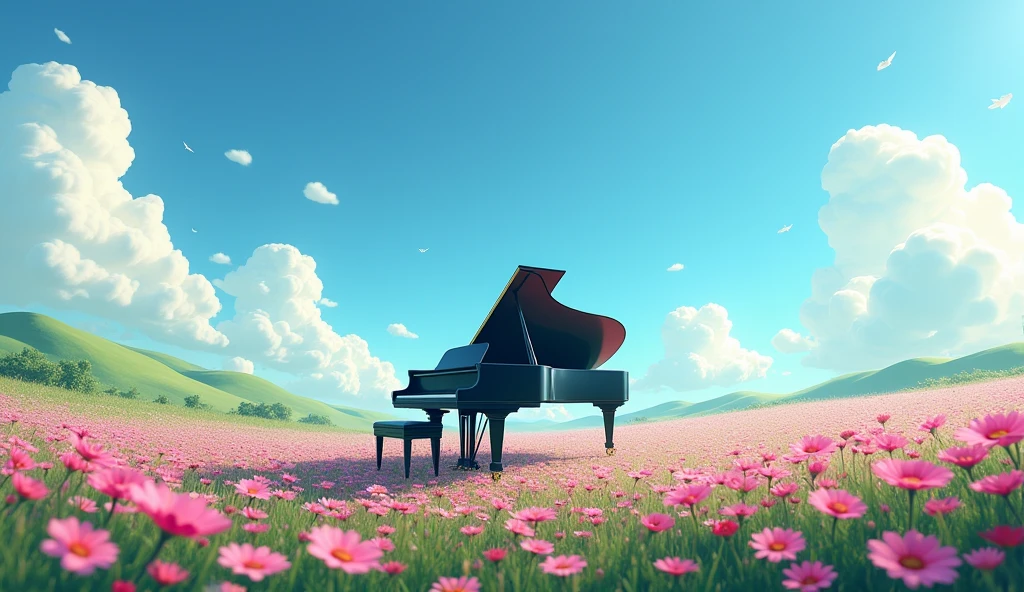 「Under the blue sky、グランドpianoが置かれたFlower Field、黒いグランドpiano、White fluffy clouds、Fantastic landscape」 「グランドpiano、Mysterious atmosphere、Digital Art」 「piano、Flower Field、Fantastic landscape、Silence、Lonely」Flowers swaying in the wind、Multicolored cosmos