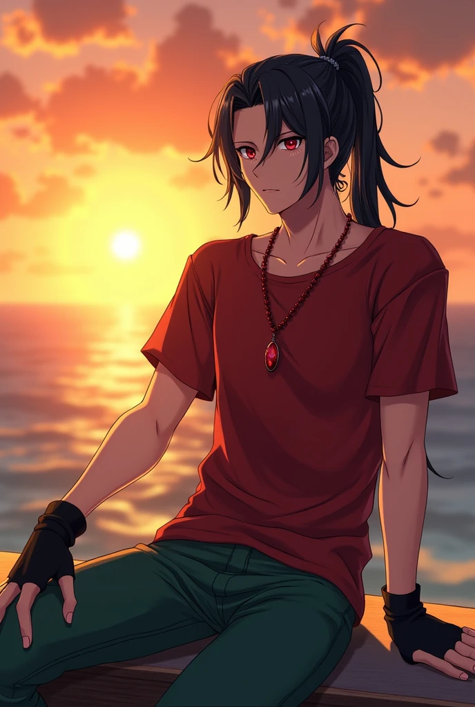man with red eyes, Marked dark circles and a scar on his right cheek, with a ponytail that reaches her ears, black fur, a red t-shirt and green jeans, with black fingerless gloves, Wearing a necklace of red stones. Sitting on a railing, gaze at the sunset sea with a relaxed expression, As the golden light paints the horizon. Otome. ((Best Quality)) 