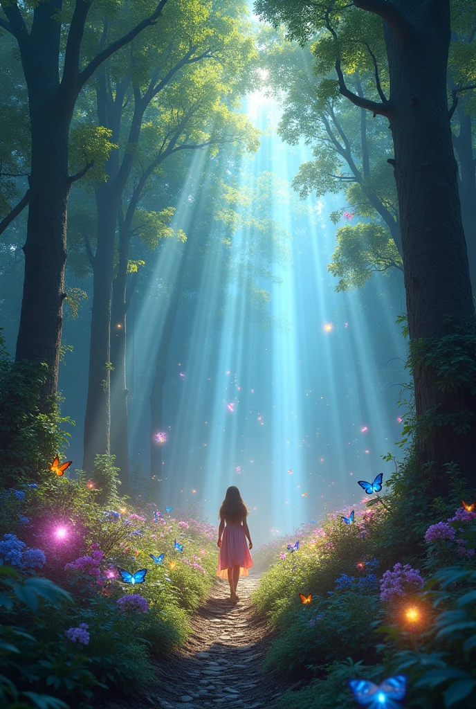 The magical transition to the enchanted forest, with vibrant colors and magical creatures.
