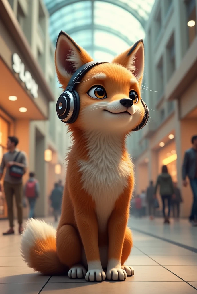 A brown wolf,Realistic and cute,Standing,Wearing headphones and listening to music,Shopping mall background,Pocket full of money