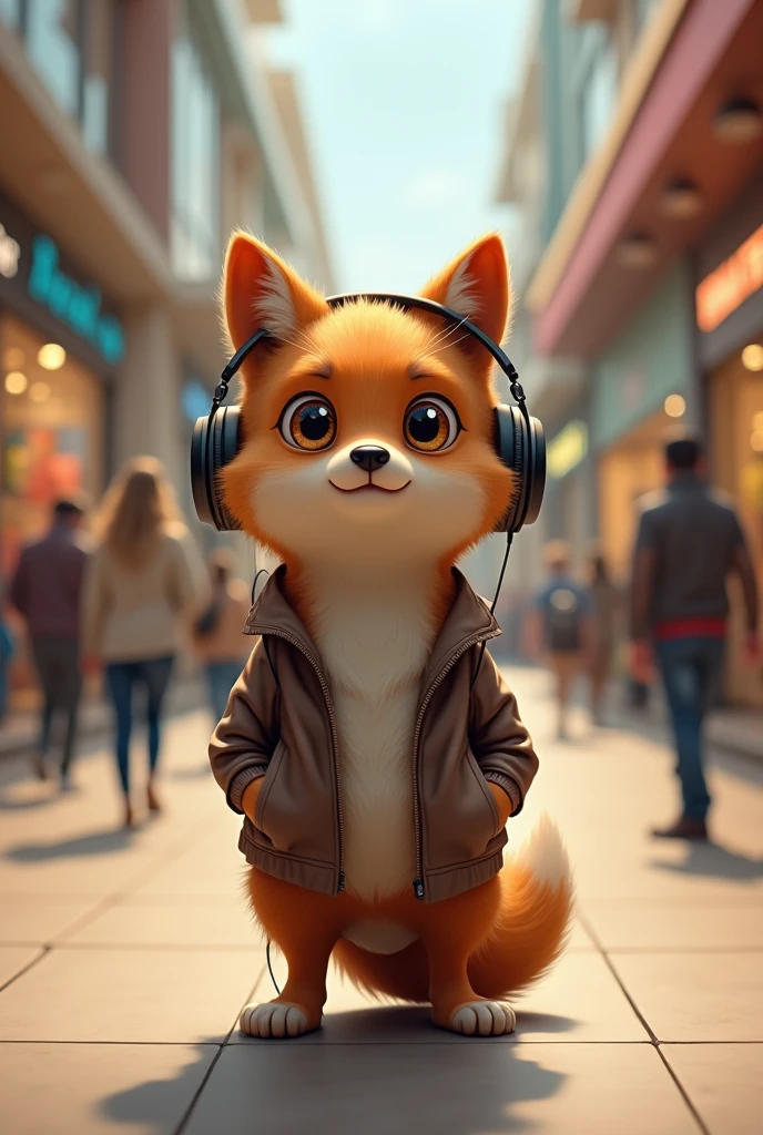 A brown wolf,Realistic and cute,Standing,Wearing headphones and listening to music,Shopping mall background,Pocket full of money