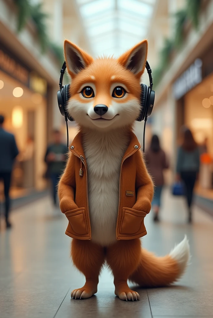 A brown wolf,Realistic and cute,Standing,Wearing headphones and listening to music,Shopping mall background,Pocket full of money