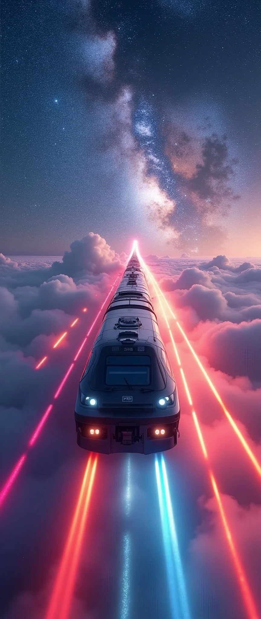 A train-shaped spaceship heads towards the galaxy,(Interstellar Railroad),A train appears from inside the clouds,The train is floating in the air.,(The train runs over the rainbow-colored laser guidance lights.:2.0),sf,(sf的で新幹線のような流線形の白い機体:2.0),(The background is the universe and the Milky Way:1.6),masterpiece,Highest quality,Ultra-high resolution,(Super detailed),8k,Realistic,DSLR Canon style,(dynamic,Big impact,Shooting from below:1.2)