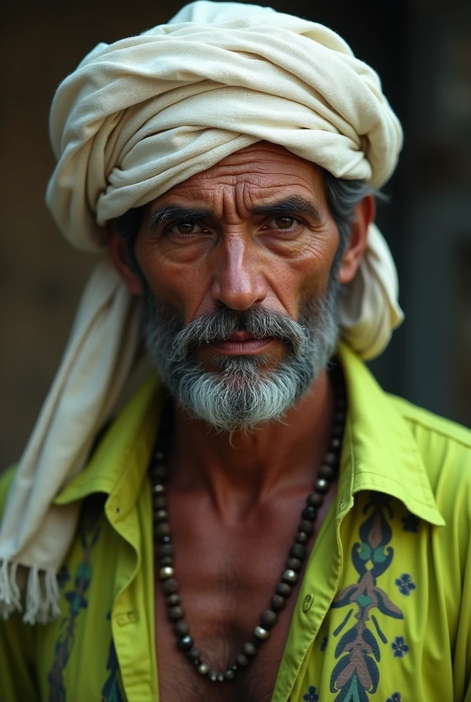 Gypsy with a lime green shirt,black pants and a white scarf on his head 