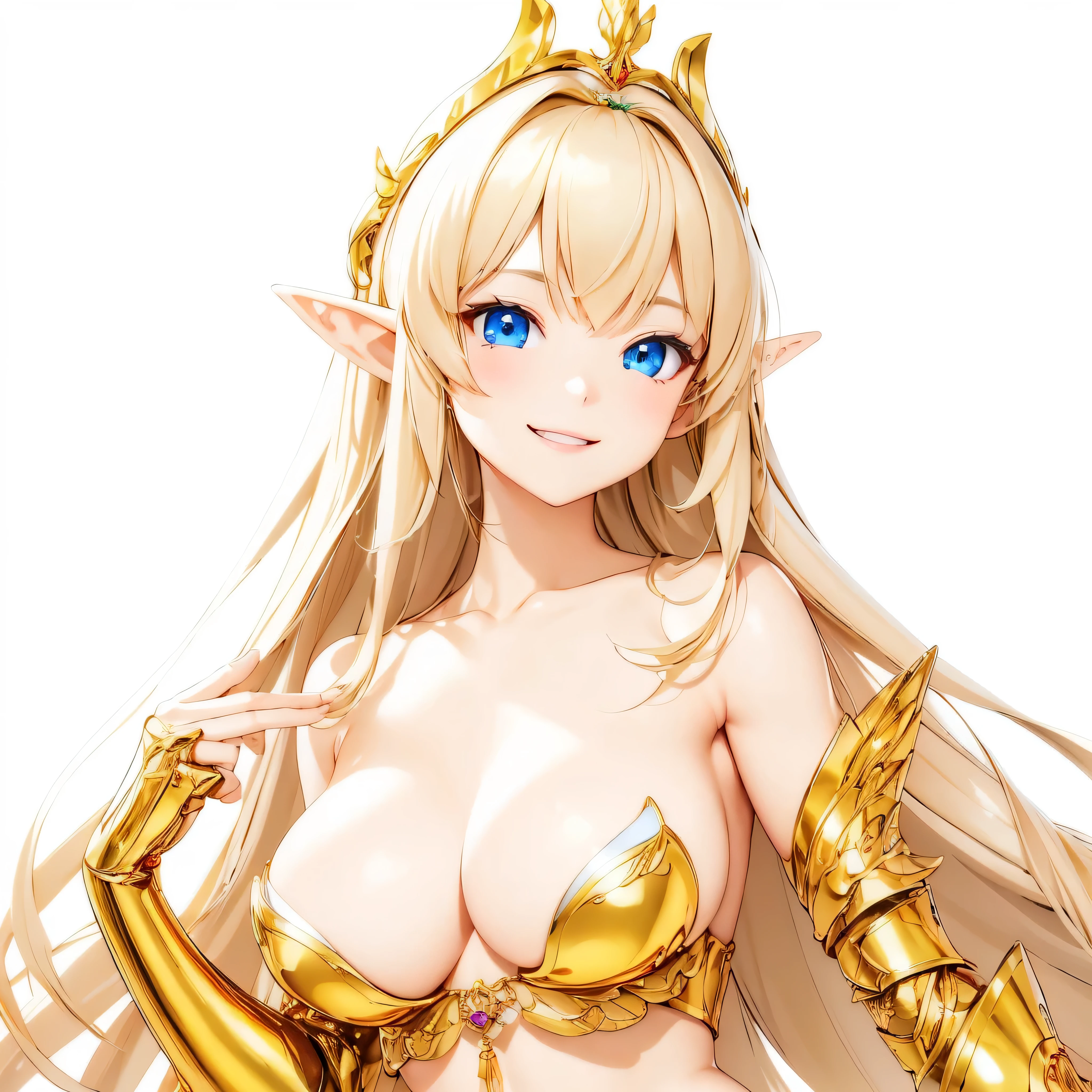Highest quality、Very detailed、High resolution、１６ｋ、Thin contours、耳の長いElf、Nipples are visible、Shining golden armor、Gold bikini armor、Very large breasts、Extremely transparent skirt、Wearing black pants、chest proportion、Smile of the Goddess、Very white skin、Beautiful fingers、Perfect Style、Elf、No bra、Blonde hair and blue eyes、Cool smile
