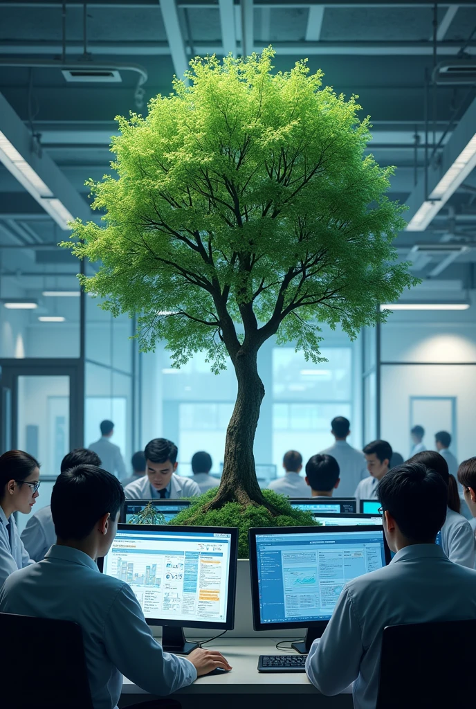 Create an image of people analyzing favorable environmental data with a tree emerging from the computer