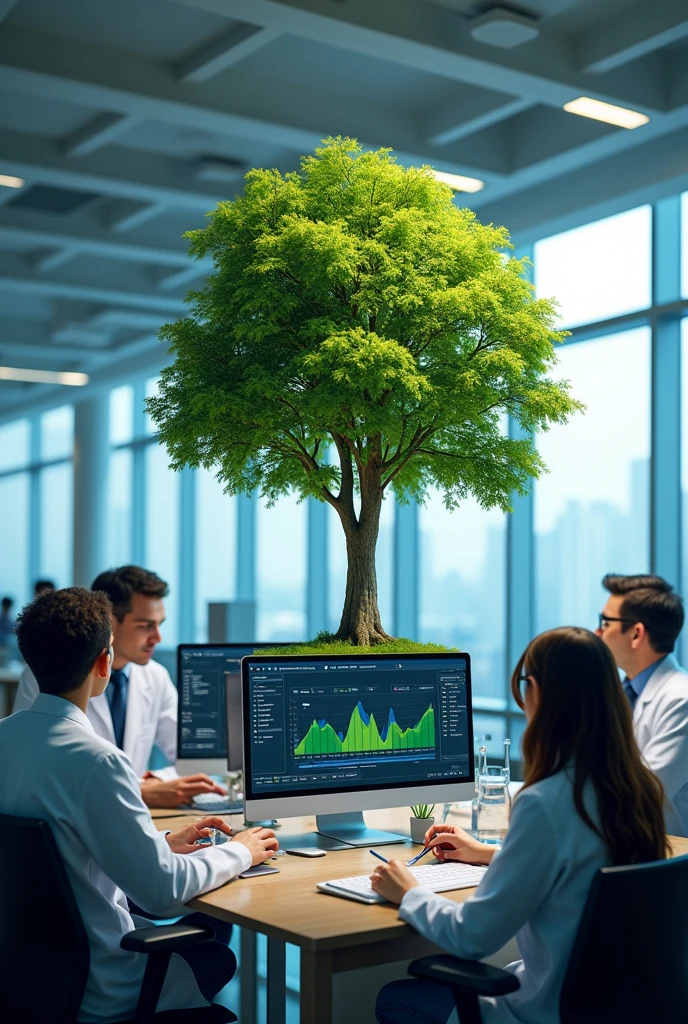 Create an image of people analyzing favorable environmental data with a tree emerging from the computer