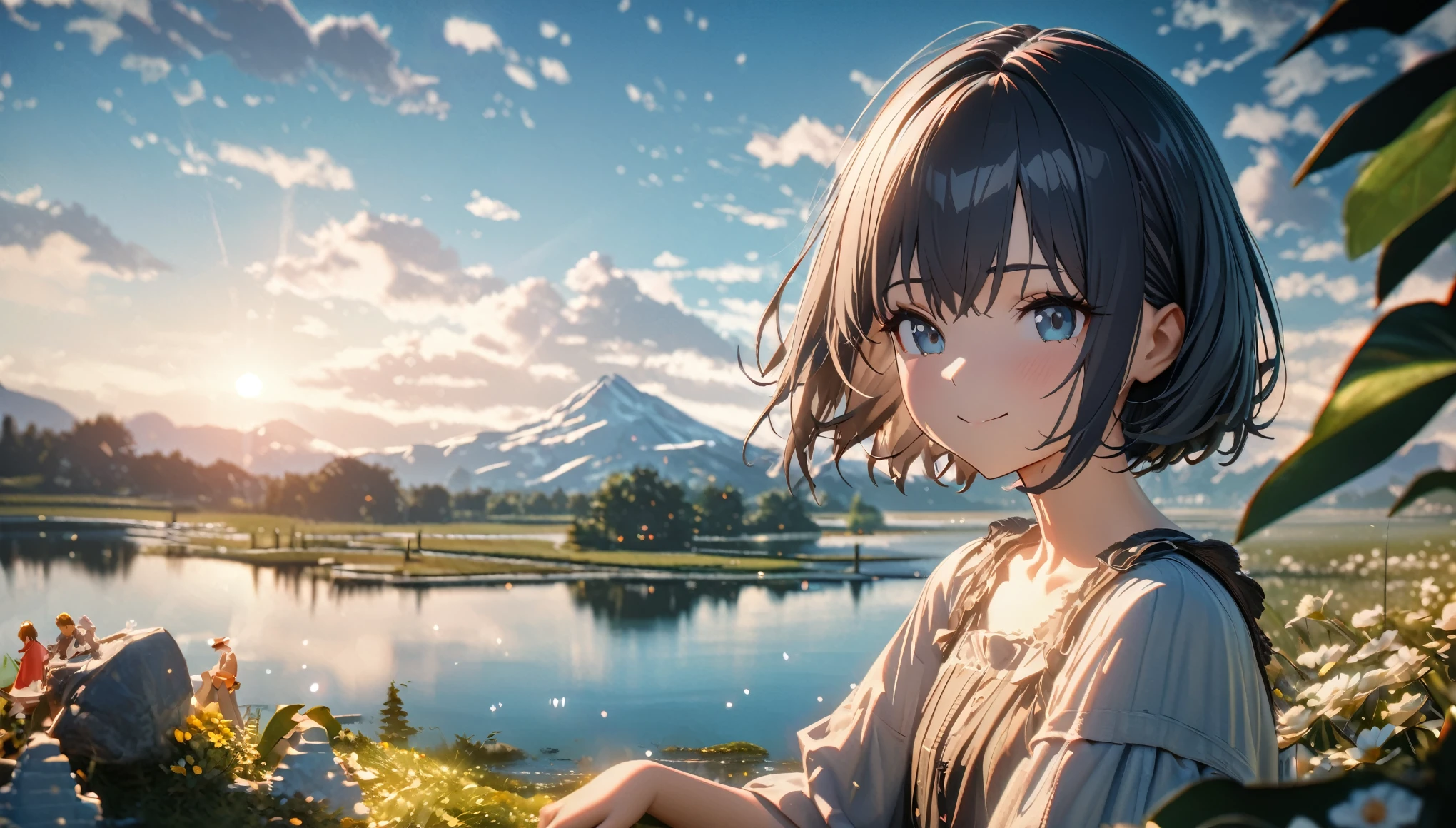 One person, alone, She has a sweet smile and a flat chest., short hair, Black Hair, Upper Body, ((masterpiece, figure, Highest quality)) ((Highest quality)), ((masterpiece)), background: summer, Pasture, Some small flowers, Clear lake, heaven, Big Clouds, blue sky, Hot Weather, HD detailed, Super detailed, Cinematic, Surrealism, Soft Light, Deep focus bokeh, The distant view is of snowy mountains, Ray Tracing, and Surrealism. --v6