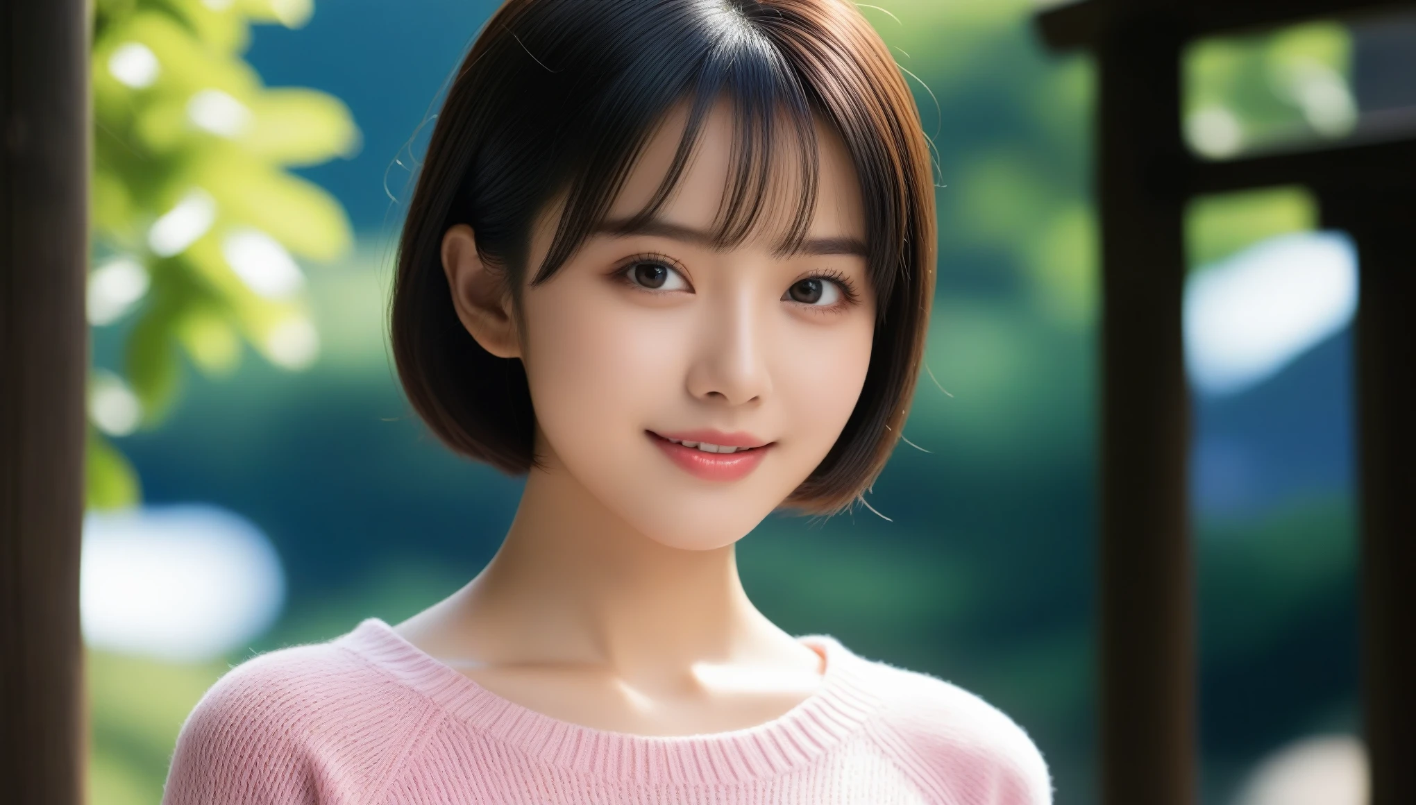 8k, Ultra-high resolution, Highest quality, masterpiece, 三分割法によるphotograph,Surreal, photograph, 1 Girl, (:1.3), pretty girl, Cute Face, 細部までBeautiful Eyes, 細かくdetailedに,masterpiece,One Girl:1.2,Japanese women,Young Wife,upper body,smile,Black hair,Bowl cut,(Summer knitwear:1.3),wood々Inside,Mountain trail,Summer sunshine,wood漏れ日,(Beautiful attention to detail),Subtle details, detailedな顔, smile,Attractive girl,(のポートレートphotograph:1.4),(Photorealistic images:1.4),Fantasy art,(Beautiful Face:1.4),Beautiful and attractive eyes、Beautiful Eyes、(Tight waist:1.4)、(Beautiful with perfect body proportions:1.4),Pink Lips,Looking at the audience,(((Ideal body type))),A-cup small breasts :2,、Portraiture:2、Perfect Anatomy、鮮明なdetailed、detailed,Fashion magazine cover,Thin lips,完璧でBeautiful Face ,完璧でCute Face, Skin with attention to detail, Perfect limbs、Narrow waist,Surreal,Light and shadow,dappled sunlight