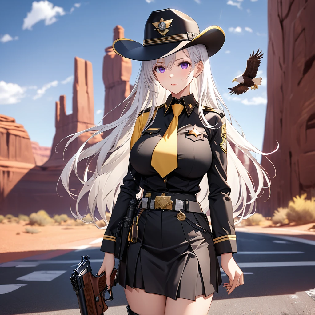 A woman wearing a western sheriff's uniform, black uniform with yellow details, black sheriff's hat with yellow details, pistol on her waist, black skirt, black leather boots, wearing sunglasses, purple eyes, white hair, long hair, an eagle hanging from the shoulder, standing upright, breasts big, (Azur_lane, Uss_Enterprise), in a faroest city, on a concrete sidewalk, Monument Valley location,UHD , prime work , accurate , anatomically correct , textured skin , super details , high quality , best quality, 8k, high resolution, bokeh effect. (woman alone), close view