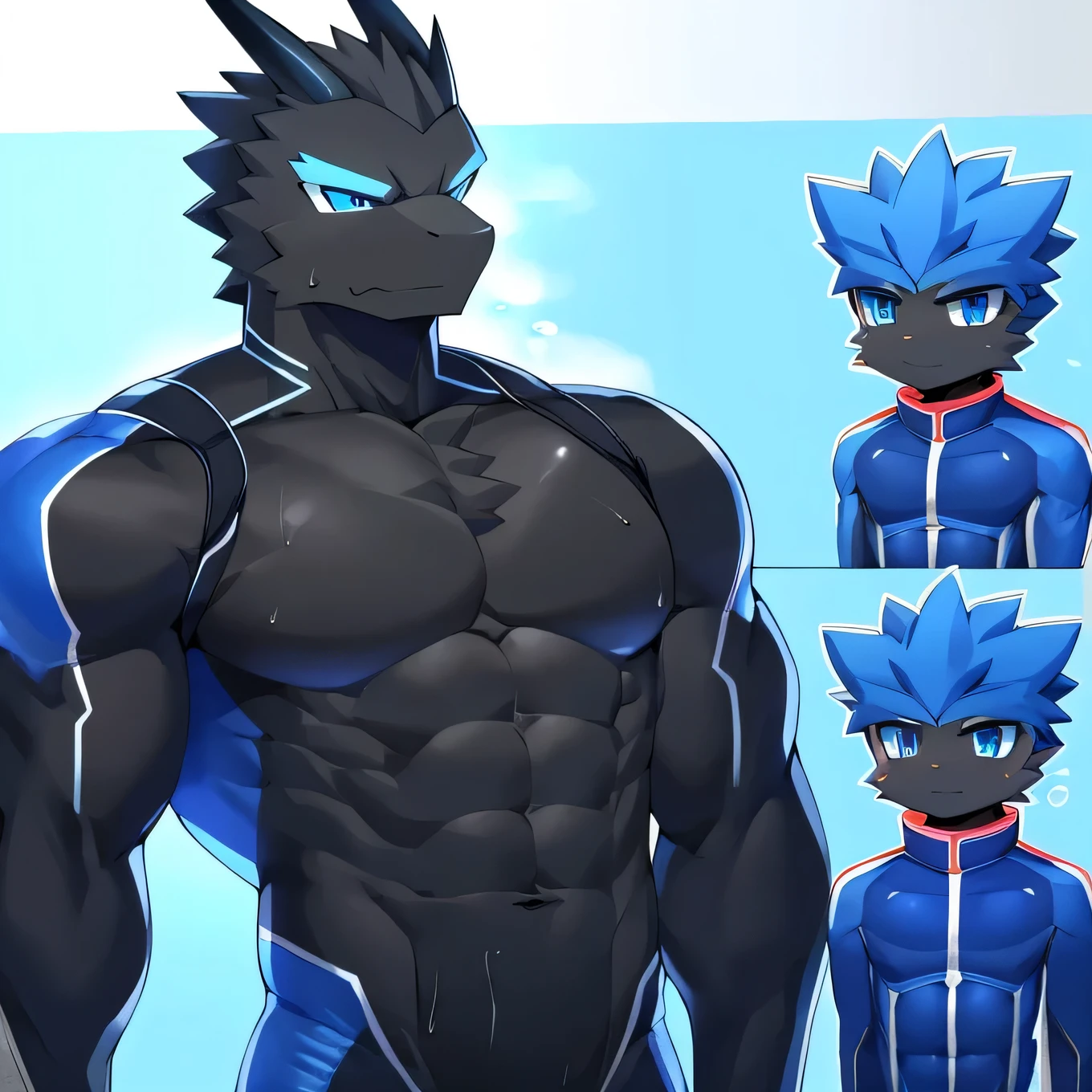 Thin macho western black dragon abs Hollow abs body suit thick arms chest rig 、sweaty skin glow profile Wearily short of breath Chemo shota Thick chest have a Blue eyes Tired look Glowing abs Deep abdominals jacket profile one person Sweat Arms 8 Pack Abs