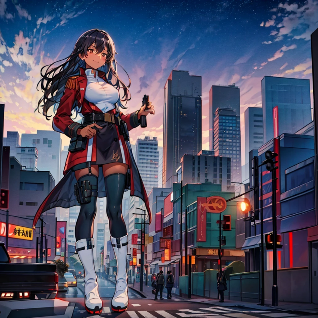 Composition viewed from below　((evening))　((sunset))　cumulonimbus　　masterpiece　　Anime Style　Delicate painting　4K　90's　giant　複数のcrowd　 ((Black Hair))　（(Sunburn))　((Brown skin))　Metropolis　　　crowd　Crowd of people　((A giant girl in military uniform standing in the valley between skyscrapers))　Metropolis　Tokyo Akihabara Electric Town　Big Breasts　　Her underwear is visible　Sweating profusely　Splash　Military boots　Black Stockings　military cap　Guard Belt　Pistol　White socks　watch　Black Hair　　smile　　female giant giant girl Whole body 　 Crowd Unreal Engine,cleavage ,a drawing of a , earrings, long hair,Cute picture　Beauty　Analog style　whole body　sneakers