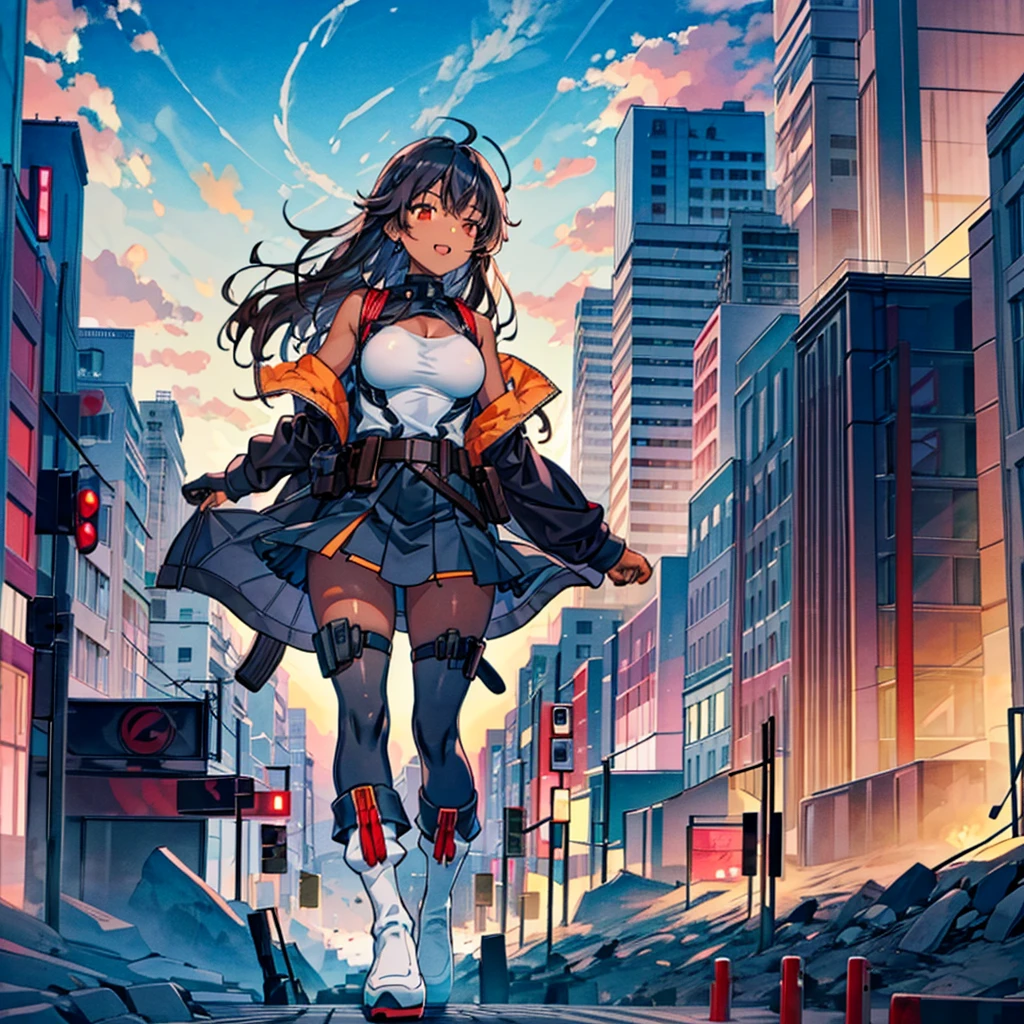 Composition viewed from below　((evening))　((sunset))　cumulonimbus　　masterpiece　　Anime Style　Delicate painting　4K　90's　giant　複数のcrowd　 ((Black Hair))　（(Sunburn))　((Brown skin))　Metropolis　　　crowd　Crowd of people　((A giant girl in military uniform standing in the valley between skyscrapers))　Metropolis　Tokyo Akihabara Electric Town　Big Breasts　　Her underwear is visible　Sweating profusely　Splash　Military boots　Black Stockings　military cap　Guard Belt　Pistol　White socks　watch　Black Hair　　smile　　female giant giant girl Whole body 　 Crowd Unreal Engine,cleavage ,a drawing of a , earrings, long hair,Cute picture　Beauty　Analog style　whole body　sneakers