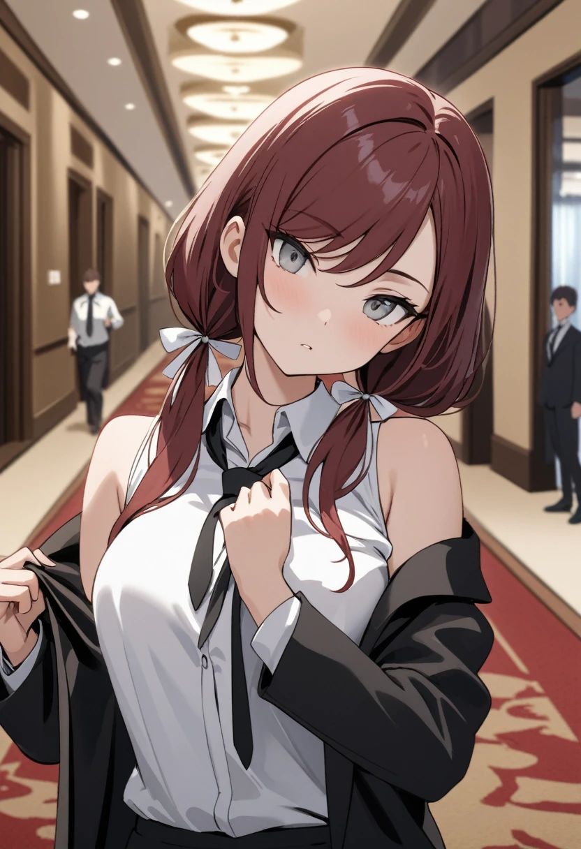 best quality, masterpiece, stoic,young woman, adjusting tie, head tilt, close up, Gray eyes, dark red hair, swept bangs, low twin tails, white ribbons, black off shoulder suit jacket, sleeveless white collared shirt, tie, disguise, hallway, hotel, carpet, furnished, people in background,